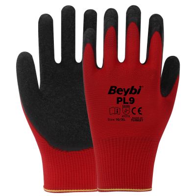 Beybi PL9 Polyester Örme Lateks Eldiven Kırmızı